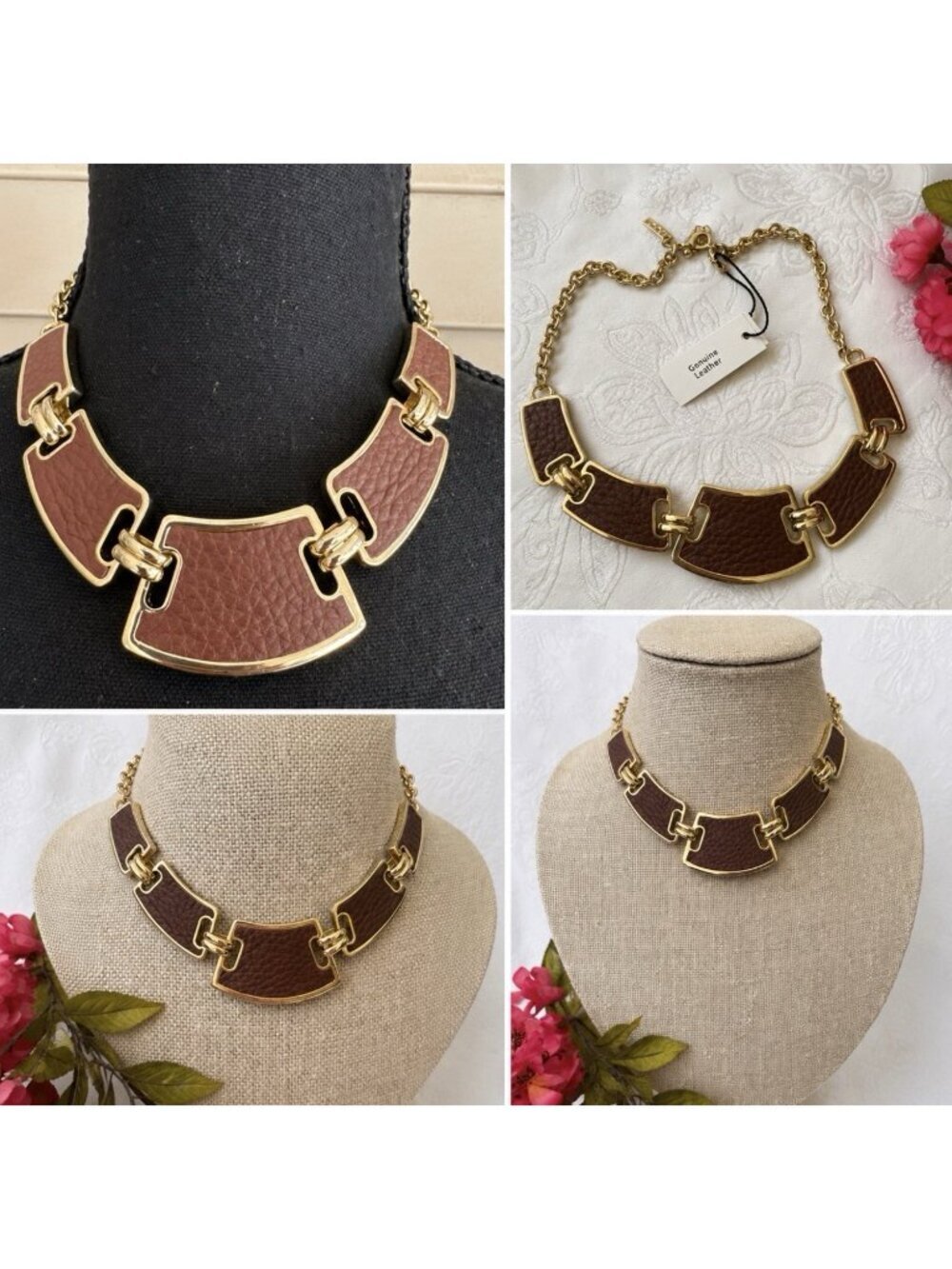 WHBM Brown Leather Goldtone Statement Necklace 16" NEW $65.00